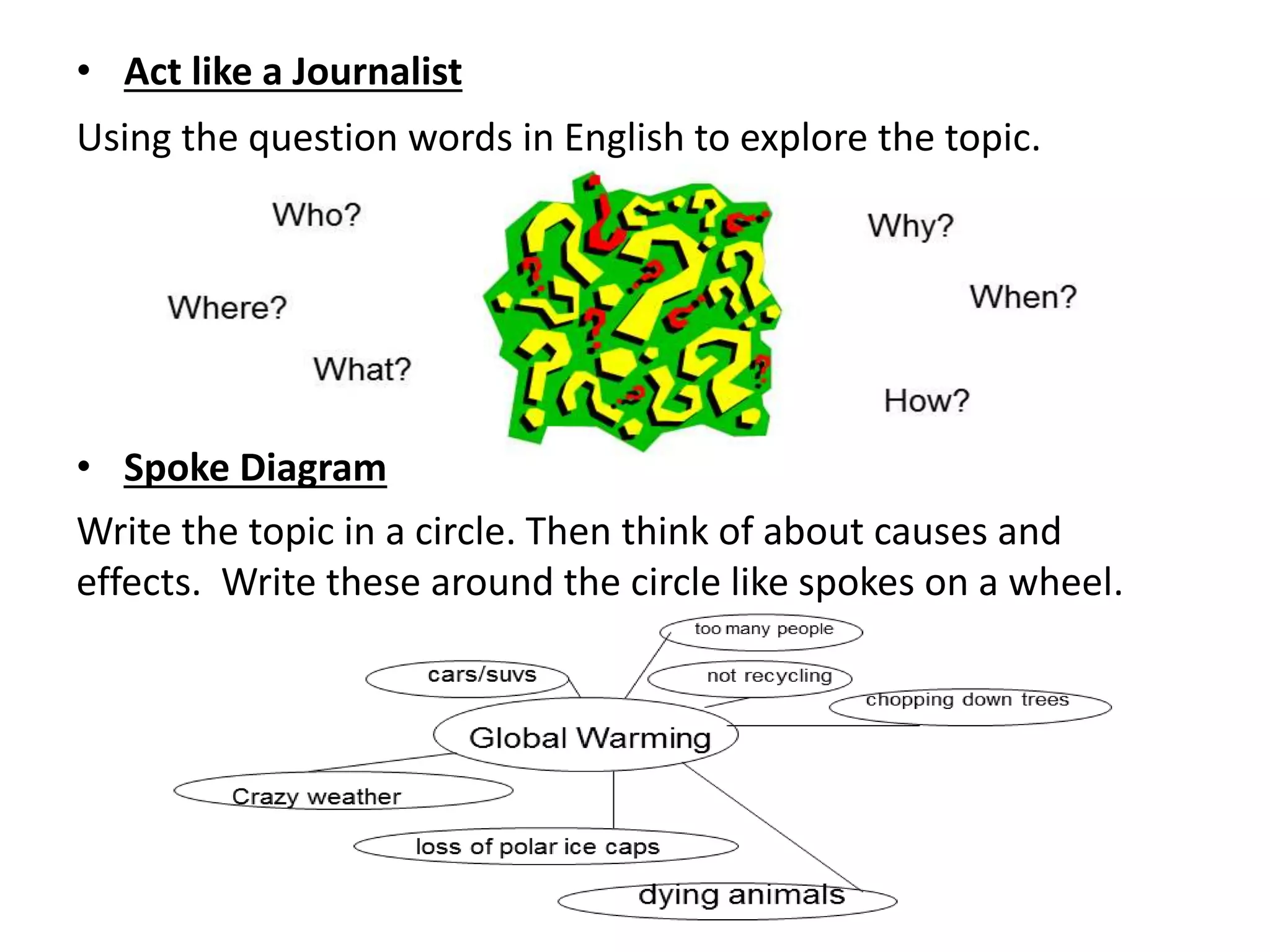 • Act like a Journalist
Using the question words in English to explore the topic.
• Spoke Diagram
Write the topic in a circle. Then think of about causes and
effects. Write these around the circle like spokes on a wheel.
 