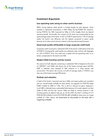 Oriental Bank of Commerce | 1QFY2011 Result Update




                Investment Arguments

                Low operating costs owing to urban-centric business

                OBC’s strong balance sheet growth is funded largely by bulk deposits, which
                resulted in substantial compression in NIM (70bp) during FY2007–09. However,
                during FY2010, the NIM improved by 40bp to 2.4%, largely driven by deposit
                repricing benefit. Structurally, low margins of the bank are compensated by low
                opex/average assets of the bank. In fact, at FY2010 opex level of 1.3% of average
                assets, the bank’s cost efficiency was the highest compared to peers, partly
                because of its urban-centric branch network and corporate-focused business.

                Good asset quality attributable to large corporate credit book

                Corporate credit comprised a substantial 45% of the bank’s credit book at the end
                of FY2010. Consequently, asset quality was relatively under control, with slippages
                at 1.6% in FY2010. Thus, low credit cost, coupled with low operating costs, to an
                extent, compensate for the bank’s low NIM.

                Modest CASA franchise and fee income

                On account of bulk deposits comprising a substantial 23% of deposits at the end
                of 1QFY2011 and CASA ratio being one of the lowest amongst peers (24.3%),
                OBC is relatively more exposed to NIM pressure in a rising interest rate
                environment. The bank’s fee income, at 0.6% of average assets in FY2010, was
                also one of the lowest amongst PSU banks.

                Outlook and valuation

                In light of the bank’s improved near-term NIMs and asset quality and consistent
                with our revised target multiples for other banks, we upgrade our FY2012E target
                P/ABV multiple for OBC to 1.05x. This is still at a discount to peers, keeping in
                mind OBC’s relatively lower sustainable RoAs because of its weak deposit mix (low
                CASA of 25%) and low fee income. NIMs are likely to witness pressure in the
                coming quarters as deposit rates go up. At the CMP, the stock is trading at 5.7x
                FY2012E EPS of Rs66.9 and 0.97x FY2012E ABV of Rs389.6, lower than our target
                multiple of 1.05x. Hence, we recommend an Accumulate on the stock with a
                Target Price of Rs409.




July 29, 2010                                                                                    6
 