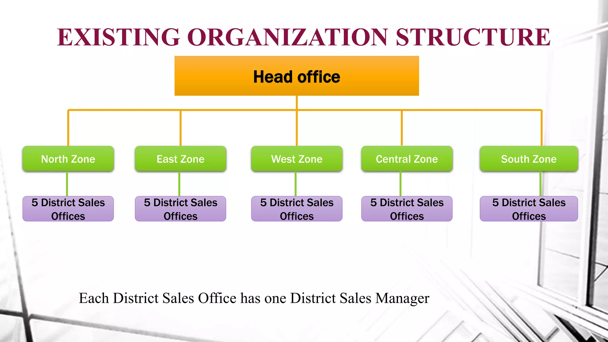 EXISTING ORGANIZATION STRUCTURE
Head office
North Zone East Zone West Zone Central Zone South Zone
Each District Sales Office has one District Sales Manager
5 District Sales
Offices
5 District Sales
Offices
5 District Sales
Offices
5 District Sales
Offices
5 District Sales
Offices
 