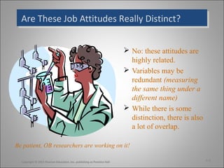 Are These Job Attitudes Really Distinct?Are These Job Attitudes Really Distinct?
 No: these attitudes are
highly related.
 Variables may be
redundant (measuring
the same thing under a
different name)
 While there is some
distinction, there is also
a lot of overlap.
Be patient, OB researchers are working on it!
3-8Copyright © 2011 Pearson Education, Inc. publishing as Prentice Hall
 