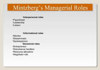 •Interpersonal roles
•Figurehead
•Leadership
•Liaison
•Informational roles
•Monitor
•Disseminator
•Spokesperson
Decisional roles
•Entrepreneur
•Disturbance handlers
•Resource allocators
•Negotiator role
Mintzberg’s Managerial RolesMintzberg’s Managerial Roles
 