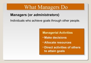 What Managers DoWhat Managers Do
Managerial Activities
• Make decisions
• Allocate resources
• Direct activities of others
to attain goals
Managerial Activities
• Make decisions
• Allocate resources
• Direct activities of others
to attain goals
Managers (or administrators)
Individuals who achieve goals through other people.
 