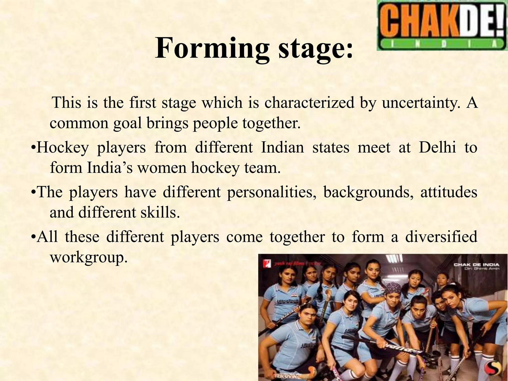 Forming stage:
This is the first stage which is characterized by uncertainty. A
common goal brings people together.
•Hockey players from different Indian states meet at Delhi to
form India’s women hockey team.
•The players have different personalities, backgrounds, attitudes
and different skills.
•All these different players come together to form a diversified
workgroup.
 