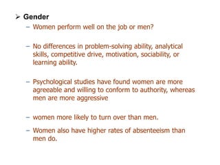 ➢ Gender
– Women perform well on the job or men?
– No differences in problem-solving ability, analytical
skills, competitive drive, motivation, sociability, or
learning ability.
– Psychological studies have found women are more
agreeable and willing to conform to authority, whereas
men are more aggressive
– women more likely to turn over than men.
– Women also have higher rates of absenteeism than
men do.
 