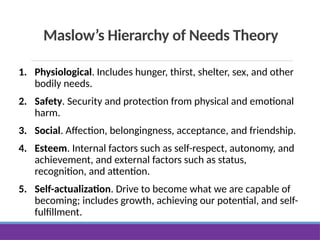 Maslow’s Hierarchy of Needs Theory
1. Physiological. Includes hunger, thirst, shelter, sex, and other
bodily needs.
2. Safety. Security and protection from physical and emotional
harm.
3. Social. Affection, belongingness, acceptance, and friendship.
4. Esteem. Internal factors such as self-respect, autonomy, and
achievement, and external factors such as status,
recognition, and attention.
5. Self-actualization. Drive to become what we are capable of
becoming; includes growth, achieving our potential, and self-
fulfillment.
 