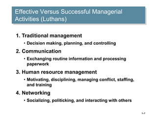 1–7
Effective Versus Successful Managerial
Activities (Luthans)
1. Traditional management
• Decision making, planning, and controlling
2. Communication
• Exchanging routine information and processing
paperwork
3. Human resource management
• Motivating, disciplining, managing conflict, staffing,
and training
4. Networking
• Socializing, politicking, and interacting with others
 
