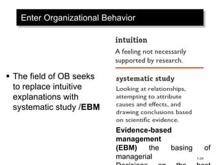 Enter Organizational Behavior
 The field of OB seeks
to replace intuitive
explanations with
systematic study /EBM
Evidence-based
management
(EBM) the basing of
managerial 1–24
 