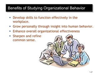 Benefits of Studying Organizational Behavior
 Develop skills to function effectively in the
workplace.
 Grow personally through insight into human behavior.
 Enhance overall organizational effectiveness
 Sharpen and refine
common sense.
1–27
 