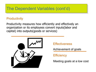 The Dependent Variables (cont’d)
Productivity
Productivity measures how efficiently and effectively an
organization or its employees convert inputs(labor and
capital) into outputs(goods or services)
Effectiveness
Achievement of goals
Efficiency
Meeting goals at a low cost
 