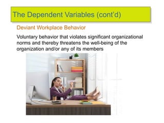 The Dependent Variables (cont’d)
Deviant Workplace Behavior
Voluntary behavior that violates significant organizational
norms and thereby threatens the well-being of the
organization and/or any of its members
 