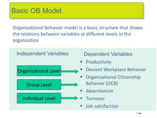 Basic OB Model
Independent Variables Dependent Variables
 Productivity
 Deviant Workplace Behavior
 Organizational Citizenship
Behavior (OCB)
 Absenteeism
 Turnover
 Job satisfaction
Organizational Level
Group Level
Individual Level
1–46
Organizational behavior model is a basic structure that shows
the relations between variables at different levels in the
organization
 