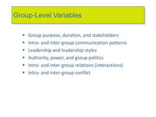 Organization -Level Variables
 Organizational structure
 Organizational culture
 Leadership
 