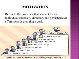 Refers to the processes that account for an
individual’s intensity, direction, and persistence of
effort towards attaining a goal.
 