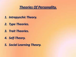 Theories Of Personality.

1. Intrapyschic Theory.

2. Type Theories.

3. Trait Theories.

4. Self-Theory.

5. Social Learning Theory.
 