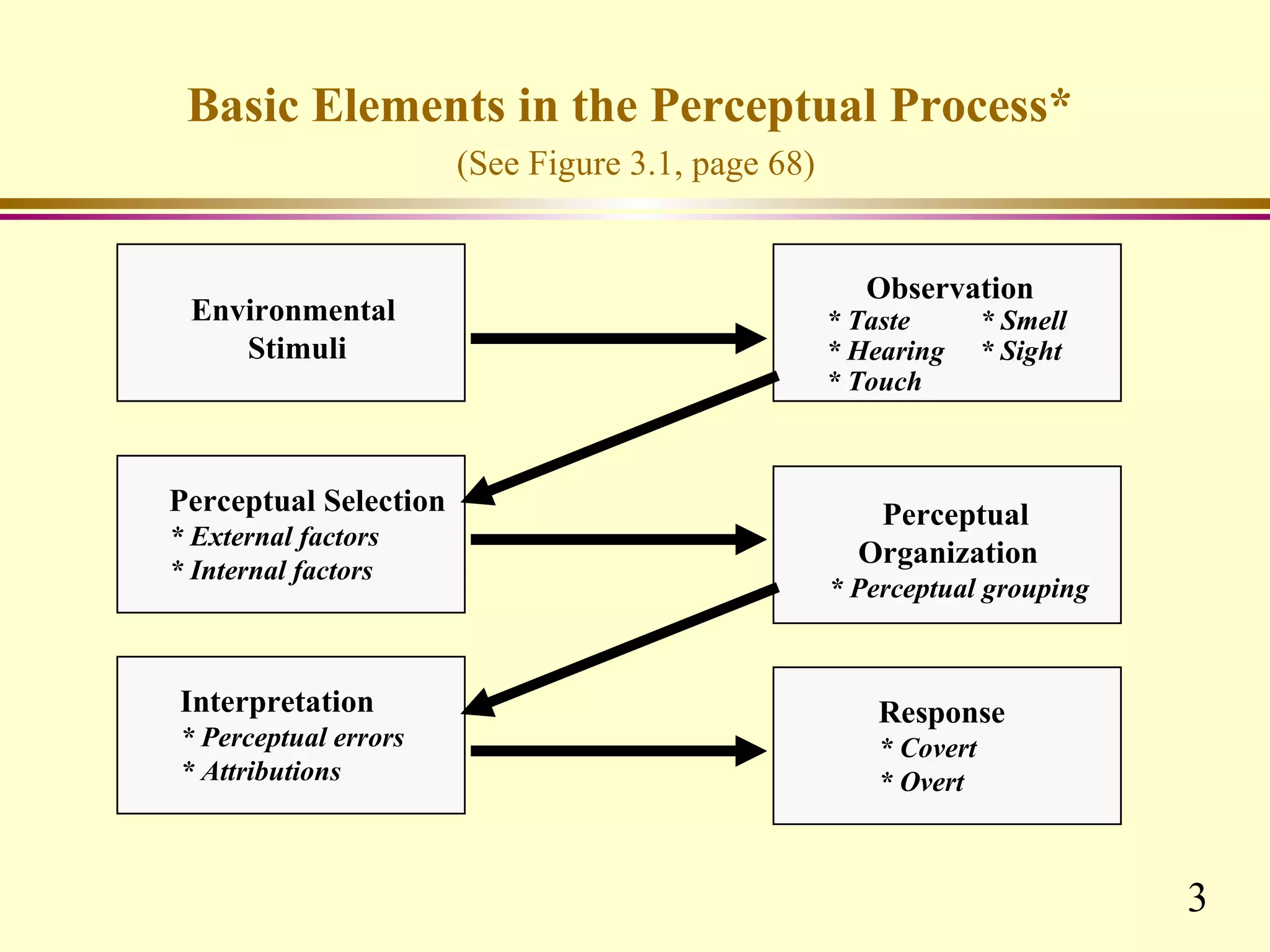 Basic Elements in the Perceptual Process*
                       (See Figure 3.1, page 68)


                                                      Observation
 Environmental                                     * Taste        * Smell
    Stimuli                                        * Hearing      * Sight
                                                   * Touch



Perceptual Selection                                  Perceptual
* External factors
                                                     Organization
* Internal factors
                                                   * Perceptual grouping



Interpretation                                         Response
* Perceptual errors                                    * Covert
* Attributions                                         * Overt



                                                                            3
 