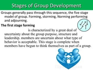 Stages of Group Development
Groups generally pass through this sequence, the five stage
  model of group. Forming, storming, Norming performing
  and adjourning.
The first stage forming
                   is characterized by a great deal of
  uncertainty about the group purpose, structure and
  leadership. members are uncertain about what type of
  behavior is acceptable. This stage is complete when
  members have begun to think themselves as part of a group.
 