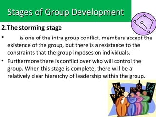 Stages of Group Development
2.The storming stage
•     is one of the intra group conflict. members accept the
  existence of the group, but there is a resistance to the
  constraints that the group imposes on individuals.
• Furthermore there is conflict over who will control the
  group. When this stage is complete, there will be a
  relatively clear hierarchy of leadership within the group.
 