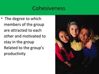 Cohesiveness
• The degree to which
  members of the group
  are attracted to each
  other and motivated to
  stay in the group
  Related to the group’s
  productivity
 