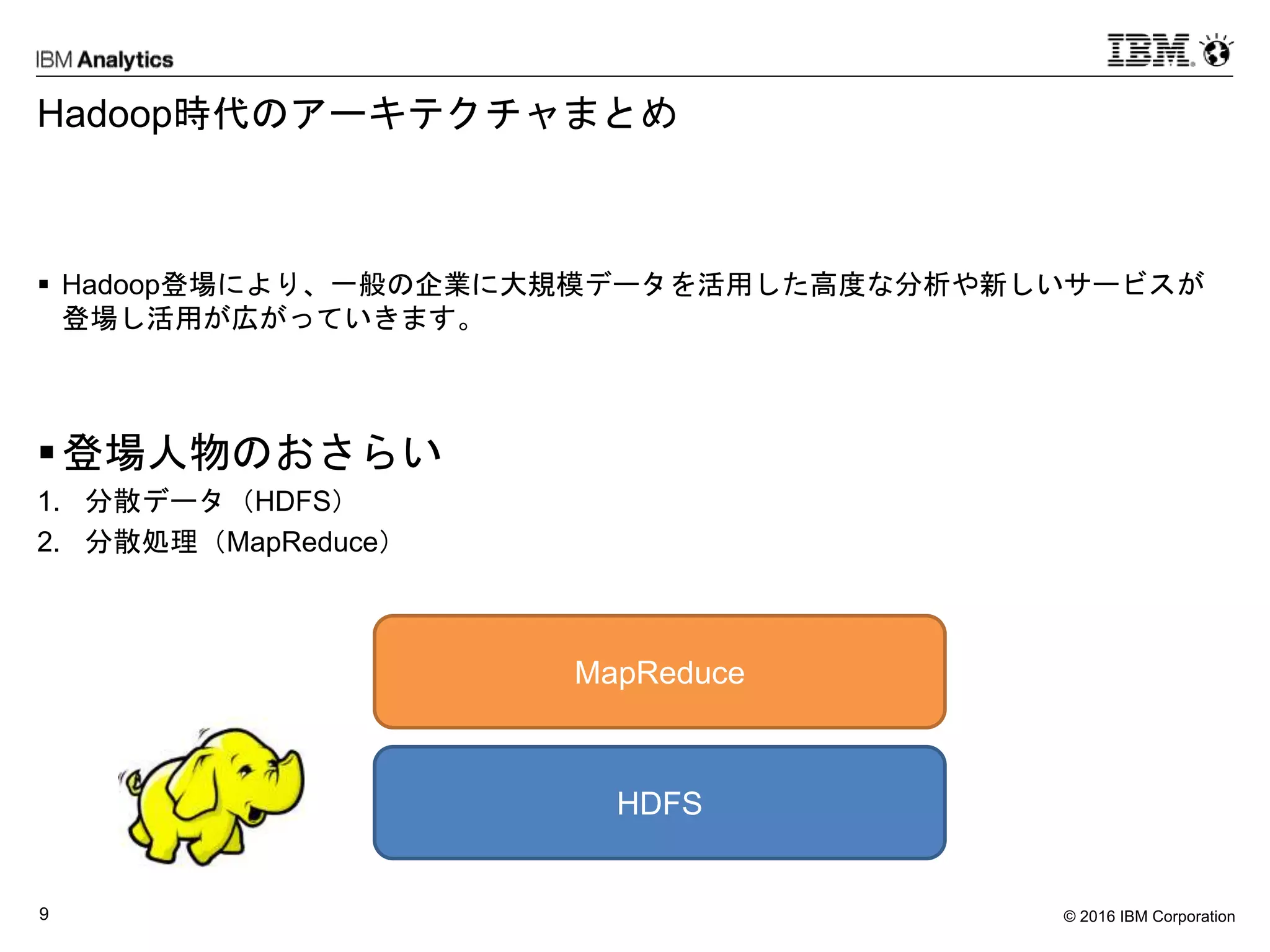 © 2016 IBM Corporation9
Hadoop時代のアーキテクチャまとめ
 Hadoop登場により、一般の企業に大規模データを活用した高度な分析や新しいサービスが
登場し活用が広がっていきます。
登場人物のおさらい
1. 分散データ（HDFS）
2. 分散処理（MapReduce）
HDFS
MapReduce
 