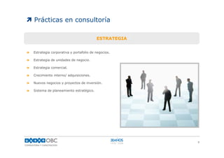 Prácticas en consultoría

                                       ESTRATEGIA


Estrategia corporativa y portafolio de negocios.

Estrategia de unidades de negocio.

Estrategia comercial.

Crecimiento interno/ adquisiciones.

Nuevos negocios y proyectos de inversión.

Sistema de planeamiento estratégico.




                                                    7
 