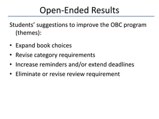 Open-Ended Results
Students’ suggestions to improve the OBC program
(themes):
• Expand book choices
• Revise category requ...