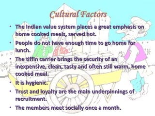 The Indian value system places a great emphasis on home cooked meals, served hot. People do not have enough time to go home for lunch. The tiffin carrier brings the security of an inexpensive, clean, tasty and often still warm, home cooked meal. It is hygienic. Trust and loyalty are the main underpinnings of recruitment. The members meet socially once a month. 