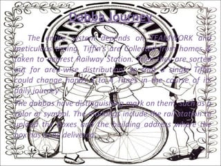 Dabba Journey The entire system depends on TEAMWORK and meticulous timing. Tiffin's are Collected from homes & taken to nearest Railway Station. Then they are sorted out for area-wise distribution, so that a single Tiffin could change hands 3 to 4 Times in the course of its daily journey The dabbas have distinguishing mark on them, such as a color or symbol. The markings include the rail station to unload the boxes and the building address where the box has to be delivered. 
