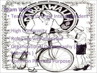 Teams are strongly Interdependent High Conformity Roles are well allocated Organizational Demography (all Marathis ) Common Plan and Purpose Team Work 