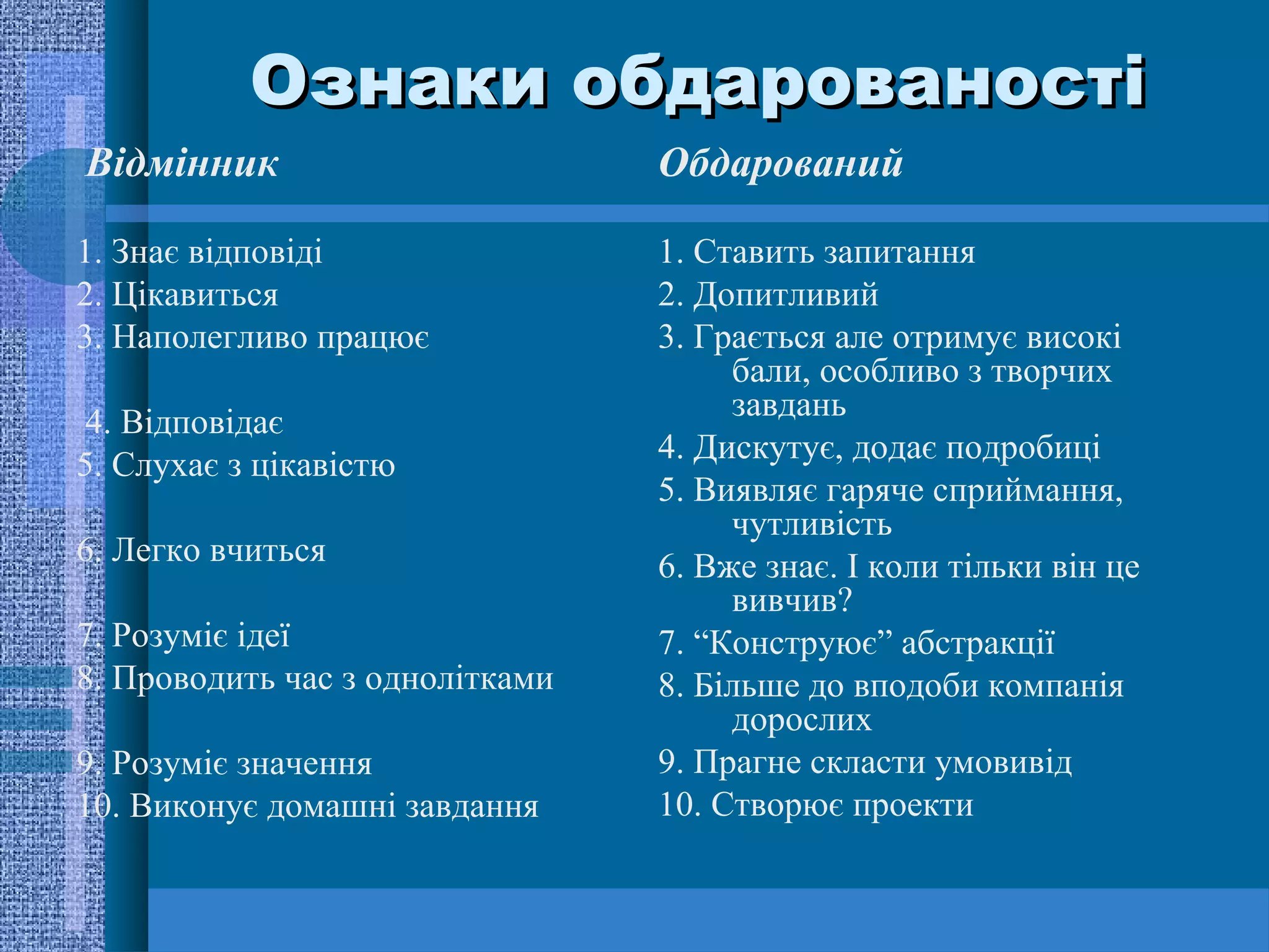 Ознаки обдарованості
Відмінник                        Обдарований

1. Знає відповіді                1. Ставить запитання
2. Цікавиться                    2. Допитливий
3. Наполегливо працює            3. Грається але отримує високі
                                      бали, особливо з творчих
                                      завдань
 4. Відповідає
                                 4. Дискутує, додає подробиці
5. Слухає з цікавістю
                                 5. Виявляє гаряче сприймання,
                                      чутливість
6. Легко вчиться                 6. Вже знає. І коли тільки він це
                                      вивчив?
7. Розуміє ідеї                  7. “Конструює” абстракції
8. Проводить час з однолітками   8. Більше до вподоби компанія
                                      дорослих
9. Розуміє значення              9. Прагне скласти умовивід
10. Виконує домашні завдання     10. Створює проекти
 