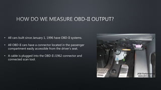 • All cars built since January 1, 1996 have OBD-II systems.
• All OBD-II cars have a connector located in the passenger
compartment easily accessible from the driver's seat.
• A cable is plugged into the OBD-II J1962 connector and
connected scan tool.
 