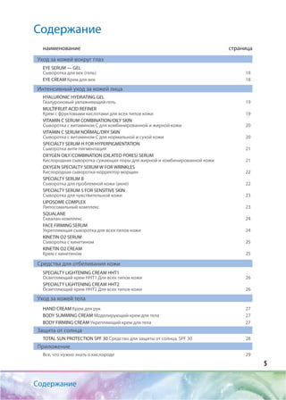 5
Содержание
Содержание
наименование страница
Уход за кожей вокруг глаз
EYE SERUM — GEL
Cыворотка для век (гель) 18
EYE CREAM Крем для век 18
Интенсивный уход за кожей лица
HYALURONIC HYDRATING GEL
Гиалуроновый увлажняющий гель 19
MULTIFRUIT ACID REFINER
Крем с фруктовыми кислотами для всех типов кожи 19
VITAMIN C SERUM СОMBINATION/OILY SKIN
Сыворотка с витамином С для комбинированной и жирной кожи 20
VITAMIN C SERUM NORMAL/DRY SKIN
Сыворотка с витамином С для нормальной и сухой кожи 20
SPECIALTY SERUM H FOR HYPERPIGMENTATION
Сыворотка анти-пигментация 21
OXYGEN OILY/COMBINATION (DILATED PORES) SERUM
Кислородная сыворотка сужающая поры для жирной и комбинированной кожи 21
OXYGEN SPECIALTY SERUM W FOR WRINKLES
Кислородная сыворотка-корректор морщин 22
SPECIALTY SERUM B
Сыворотка для проблемной кожи (акне) 22
SPECIALTY SERUM S FOR SENSITIVE SKIN
Сыворотка для чувствительной кожи 23
LIPOSOME COMPLEX
Липосомальный комплекс 23
SQUALANE
Сквалан-комплекс 24
FACE FIRMING SERUM
Укрепляющая сыворотка для всех типов кожи 24
KINETIN O2 SERUM
Сыворотка с кинетином 25
KINETIN O2 CREAM
Крем с кинетином 25
Средства для отбеливания кожи
SPECIALTY LIGHTENING CREAM HHT1
Осветляющий крем ННТ1 Для всех типов кожи 26
SPECIALTY LIGHTENING CREAM HHT2
Осветляющий крем ННТ2 Для всех типов кожи 26
Уход за кожей тела
HAND CREAM Крем для рук 27
BODY SLIMMING CREAM Моделирующий крем для тела 27
BODY FIRMING CREAM Укрепляющий крем для тела 27
Защита от солнца
TOTAL SUN PROTECTION SPF 30 Средство для защиты от солнца, SPF 30 28
Приложение
Все, что нужно знать о кислороде 29
 