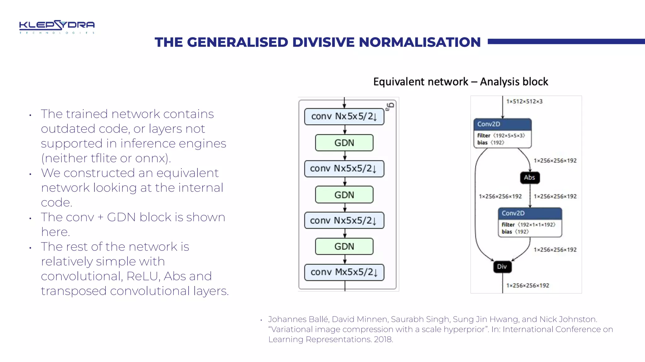 THE GENERALISED DIVISIVE NORMALISATION
• Johannes Ballé, David Minnen, Saurabh Singh, Sung Jin Hwang, and Nick Johnston.
“Variational image compression with a scale hyperprior”. In: International Conference on
Learning Representations. 2018.
• The trained network contains
outdated code, or layers not
supported in inference engines
(neither t
fl
ite or onnx).
• We constructed an equivalent
network looking at the internal
code.
• The conv + GDN block is shown
here.
• The rest of the network is
relatively simple with
convolutional, ReLU, Abs and
transposed convolutional layers.
 