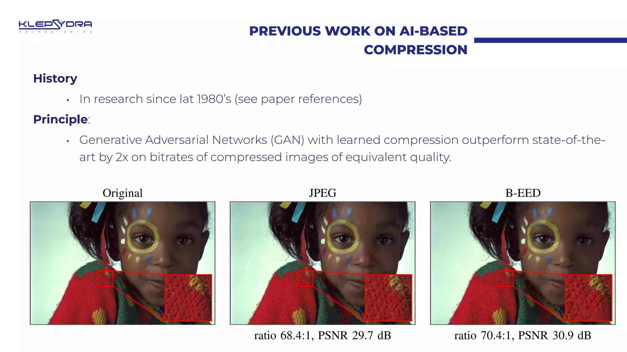 PREVIOUS WORK ON AI-BASED
COMPRESSION
Original JPEG B-EED
ratio 68.4:1, PSNR 29.7 dB ratio 70.4:1, PSNR 30.9 dB
History
• In research since lat 1980’s (see paper references)
Principle:
• Generative Adversarial Networks (GAN) with learned compression outperform state-of-the-
art by 2x on bitrates of compressed images of equivalent quality.
 