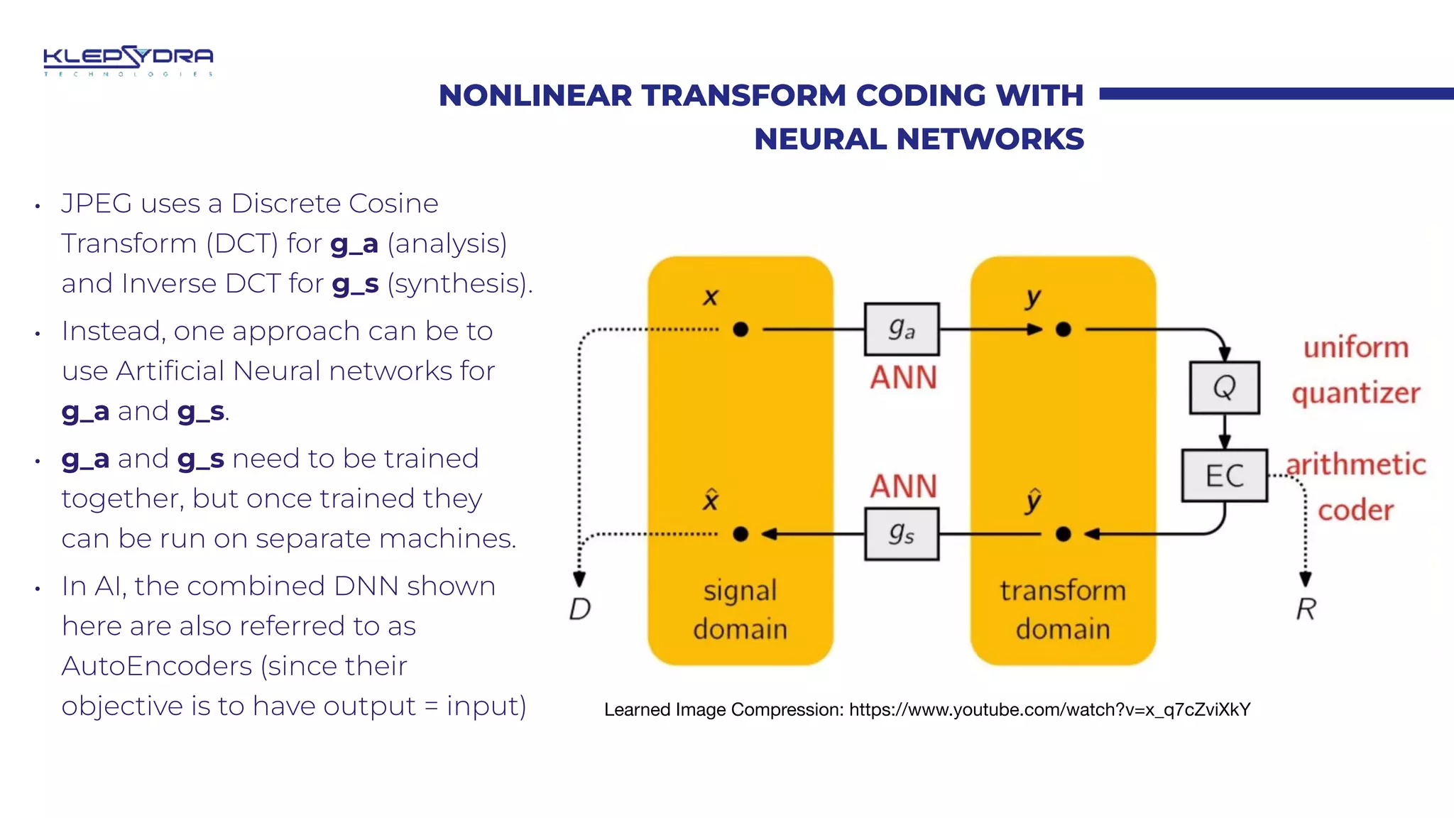 NONLINEAR TRANSFORM CODING WITH
NEURAL NETWORKS
• JPEG uses a Discrete Cosine
Transform (DCT) for g_a (analysis)
and Inverse DCT for g_s (synthesis).
• Instead, one approach can be to
use Arti
fi
cial Neural networks for
g_a and g_s.
• g_a and g_s need to be trained
together, but once trained they
can be run on separate machines.
• In AI, the combined DNN shown
here are also referred to as
AutoEncoders (since their
objective is to have output = input) Learned Image Compression: https://www.youtube.com/watch?v=x_q7cZviXkY
 