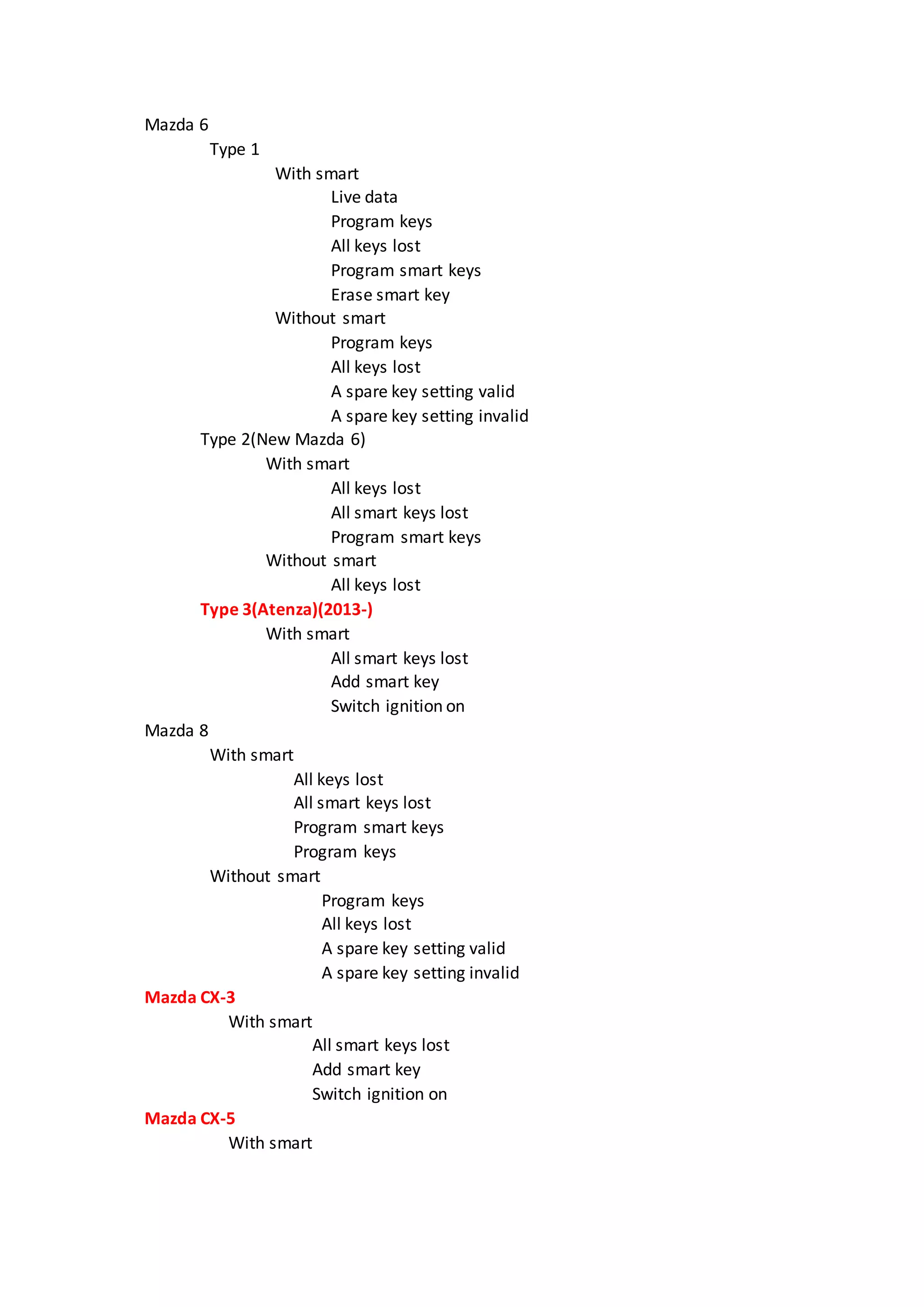 Mazda 6
Type 1
With smart
Live data
Program keys
All keys lost
Program smart keys
Erase smart key
Without smart
Program keys
All keys lost
A spare key setting valid
A spare key setting invalid
Type 2(New Mazda 6)
With smart
All keys lost
All smart keys lost
Program smart keys
Without smart
All keys lost
Type 3(Atenza)(2013-)
With smart
All smart keys lost
Add smart key
Switch ignition on
Mazda 8
With smart
All keys lost
All smart keys lost
Program smart keys
Program keys
Without smart
Program keys
All keys lost
A spare key setting valid
A spare key setting invalid
Mazda CX-3
With smart
All smart keys lost
Add smart key
Switch ignition on
Mazda CX-5
With smart
 