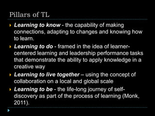 Pillars of TL
 Learning to know - the capability of making
connections, adapting to changes and knowing how
to learn.
 Learning to do - framed in the idea of learner-
centered learning and leadership performance tasks
that demonstrate the ability to apply knowledge in a
creative way
 Learning to live together – using the concept of
collaboration on a local and global scale
 Learning to be - the life-long journey of self-
discovery as part of the process of learning (Monk,
2011).
 