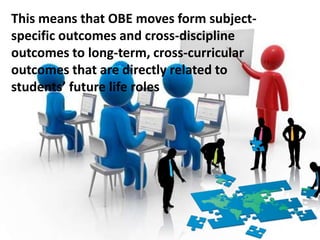 This means that OBE moves form subject-
specific outcomes and cross-discipline
outcomes to long-term, cross-curricular
outcomes that are directly related to
students’ future life roles
 