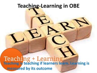 Teaching-Learning in OBE
Teaching is teaching if learners learn. Learning is
measured by its outcome
 
