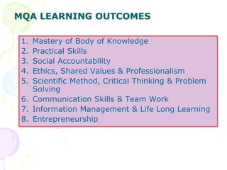 MQA LEARNING OUTCOMES
1. Mastery of Body of Knowledge
2. Practical Skills
3. Social Accountability
4. Ethics, Shared Values & Professionalism
5. Scientific Method, Critical Thinking & Problem
Solving
6. Communication Skills & Team Work
7. Information Management & Life Long Learning
8. Entrepreneurship
 