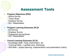 Assessment Tools
• Program Objectives (PEO)
- Alumni Survey
- Tracer Study
- Employer Survey
- IAC / Stakeholders
• Program Learning Outcomes (PLO)
- Exit Survey
- Employer Survey
- Programme Survey/Exam
- IAC / Stakeholders
• Course Learning Outcomes (CLO)
- Knowledge Skills -Tests, Examination, etc
- Technical Skills – Lab/field work, Workshop
- Soft Skills – project planning, implementation and presentation (rubric)
Outcame Based Education
 