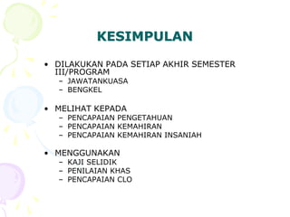 KESIMPULAN
• DILAKUKAN PADA SETIAP AKHIR SEMESTER
III/PROGRAM
– JAWATANKUASA
– BENGKEL
• MELIHAT KEPADA
– PENCAPAIAN PENGETAHUAN
– PENCAPAIAN KEMAHIRAN
– PENCAPAIAN KEMAHIRAN INSANIAH
• MENGGUNAKAN
– KAJI SELIDIK
– PENILAIAN KHAS
– PENCAPAIAN CLO
 