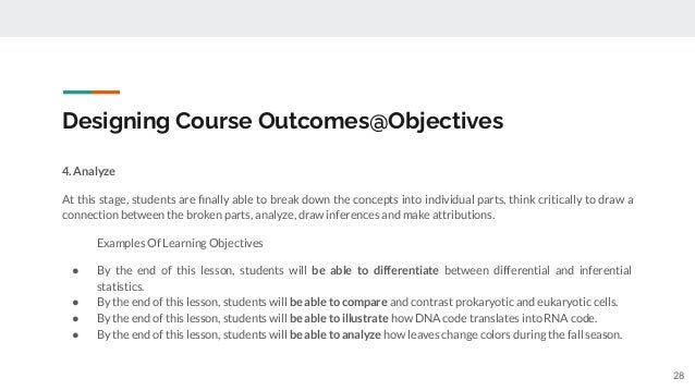 Designing Course Outcomes@Objectives
4. Analyze
At this stage, students are ﬁnally able to break down the concepts into individual parts, think critically to draw a
connection between the broken parts, analyze, draw inferences and make attributions.
Examples Of Learning Objectives
● By the end of this lesson, students will be able to differentiate between differential and inferential
statistics.
● By the end of this lesson, students will be able to compare and contrast prokaryotic and eukaryotic cells.
● By the end of this lesson, students will be able to illustrate how DNA code translates into RNA code.
● By the end of this lesson, students will be able to analyze how leaves change colors during the fall season.
28
 