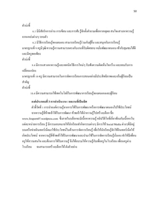 50




ตัวบ่งชี้
            6.1 มีนิสัยรักการอ่าน การเขียน และการฟัง รู ้จกตั้งคําถามเพื่อหาเหตุผล สนใจแสวงหาความรู้
                                                            ั
จากแหล่งต่างๆ รอบตัว
            6.2 มีวธีการเรี ยนรู้ของตนเอง สามารถเรี ยนรู ้ร่วมกับผูอื่น และสนุกกับการเรี ยนรู ้
                   ิ                                               ้
มาตรฐานที่ 9 ครู มีวฒิ/ความรู ้ความสามารถตรงกับงานที่รับผิดชอบ หมันพัฒนาตนเอง เข้ากับชุมชนได้ดี
                       ุ                                                   ่
และมีครู พอเพียง
ตัวบ่งชี้
           9.4 มีการแสวงหาความรู ้และเทคนิควิธีการใหม่ๆ รับฟังความคิดเห็นใจกว้าง และยอมรับการ
เปลี่ยนแปลง
มาตรฐานที่ 10 ครู มีความสามารถในการจัดการเรี ยนการสอนอย่างมีประสิ ทธิ ภาพและเน้นผูเ้ รี ยนเป็ น
สําคัญ
ตัวบ่งชี้
          10.4 มีความสามารถใช้เทคโนโลยีในการพัฒนาการเรี ยนรู้ของตนเองและผูเ้ รี ยน

         องค์ ประกอบที่ 3 การดาเนินงาน / ผลงานทีเ่ ป็ นเลิศ
         ตัวชี้วดที่ 1 การนําองค์ความรู ้จากการได้รับการพัฒนาหรื อการพัฒนาตนเองไปใช้ประโยชน์
                ั
         จากความรู้ที่ขาพเจ้าได้รับการพัฒนา ข้าพเจ้าได้นาความรู้ไปสร้างบล็อก ชื่อ
                         ้                                ํ
www.Jiraporn07.wordpress.com ซึ่งภายในบล็อกจะมีเนื้อหาความรู ้ คลิปวีดีโอที่เกี่ยวข้องกับเนื้ อหาใน
แต่ละหน่วยการเรี ยน รู ้ มีการมอบหมายให้นกเรี ยนทํากิจกรรมต่างๆ มีการใช้ Social Media ต่างๆที่มีอยู่
                                              ั
บนเครื อข่ายอินเทอร์ เน็ตมาใช้ประโยชน์ในด้านการจัดการเรี ยนรู ้ เพื่อให้นกเรี ยนรู ้จกใช้อินเทอร์ เน็ตให้
                                                                         ั           ั
เกิดประโยชน์ จากความรู ้ที่ขาพเจ้าได้รับการพัฒนาและนํามาใช้ในการจัดการเรี ยนรู ้นนเอง ทําให้มีเพื่อน
                               ้                                                       ั่
ครู ให้ความสนใจ และต้องการได้รับความรู ้ จึงได้อบรมให้ความรู ้กบเพื่อครู ในโรงเรี ยน เพื่อนครู ต่าง
                                                                  ั
โรงเรี ยน จนสามารถสร้างบล็อกได้ ดังตัวอย่าง
 