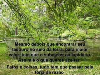 Mesmo depois que encontrar seu
tesouro no seio da terra, para maior
valor, tem que o submeter ao lapidário.
Assim é o que queres aceitar.
Fatos e coisas, tudo tem que passar pela
forja da razão.
 