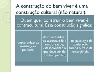 A construção do bem viver é uma
construção cultural (não natural).
Quem quer construir o bem viver, é
contracultural. Essa construção significa:
descolonizar as
instituições
políticas,
-
desmercantilizar
os saberes, a fé, a
escola, saúde,
- desprivatizar o
que deve ser de
domínio público,
- na patologia da
aceleração
somos o freio de
emergência.
 