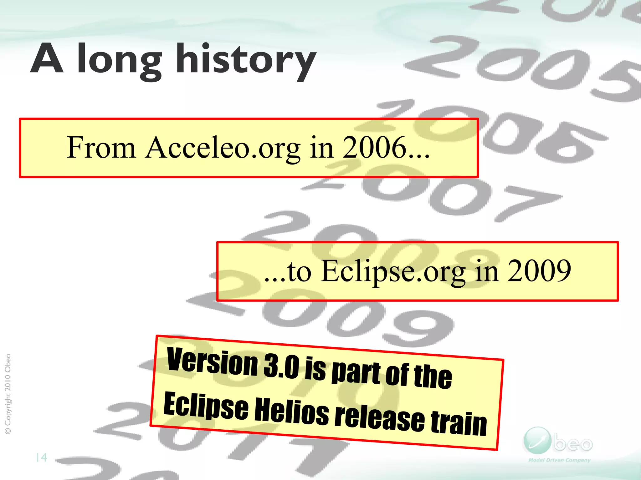 A long history
                             From Acceleo.org in 2006...


                                            ...to Eclipse.org in 2009

                                    Version 3.0 is part
© Copyright 2010 Obeo




                                                        of the
                                    Eclipse Helios rele
                                                       ase train
                        14
 