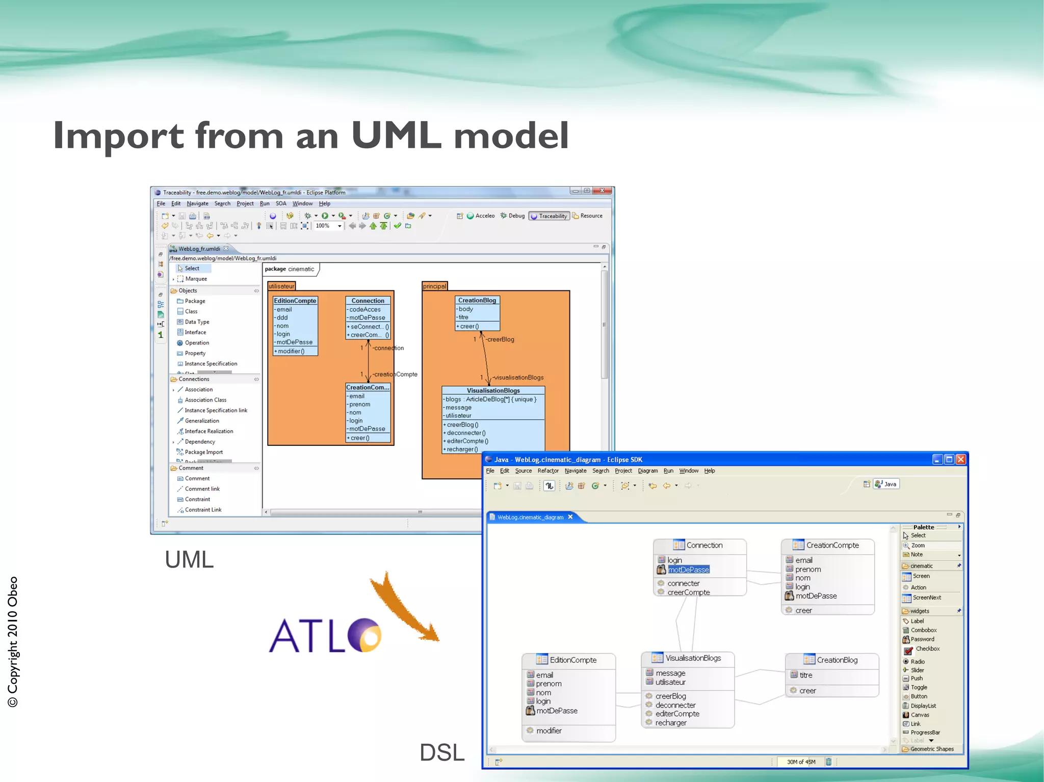 Import from an UML model




                             UML
© Copyright 2010 Obeo




                                         DSL
 