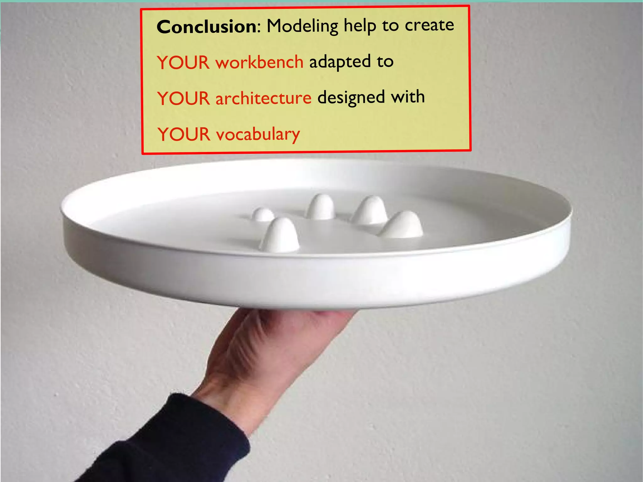 Conclusion: Modeling help to create
                             YOUR workbench adapted to
                             YOUR architecture designed with
                             YOUR vocabulary
© Copyright 2010 Obeo




                        32
 