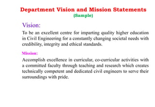 Department Vision and Mission Statements
(Sample)
Vision:
To be an excellent centre for imparting quality higher education
in Civil Engineering for a constantly changing societal needs with
credibility, integrity and ethical standards.
Mission:
Accomplish excellence in curricular, co-curricular activities with
a committed faculty through teaching and research which creates
technically competent and dedicated civil engineers to serve their
surroundings with pride.
 