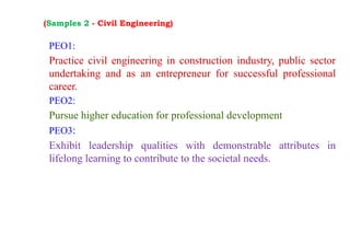 (Samples 2 - Civil Engineering)
PEO1:
Practice civil engineering in construction industry, public sector
undertaking and as an entrepreneur for successful professional
career.
PEO2:
Pursue higher education for professional development
PEO3:
Exhibit leadership qualities with demonstrable attributes in
lifelong learning to contribute to the societal needs.
 